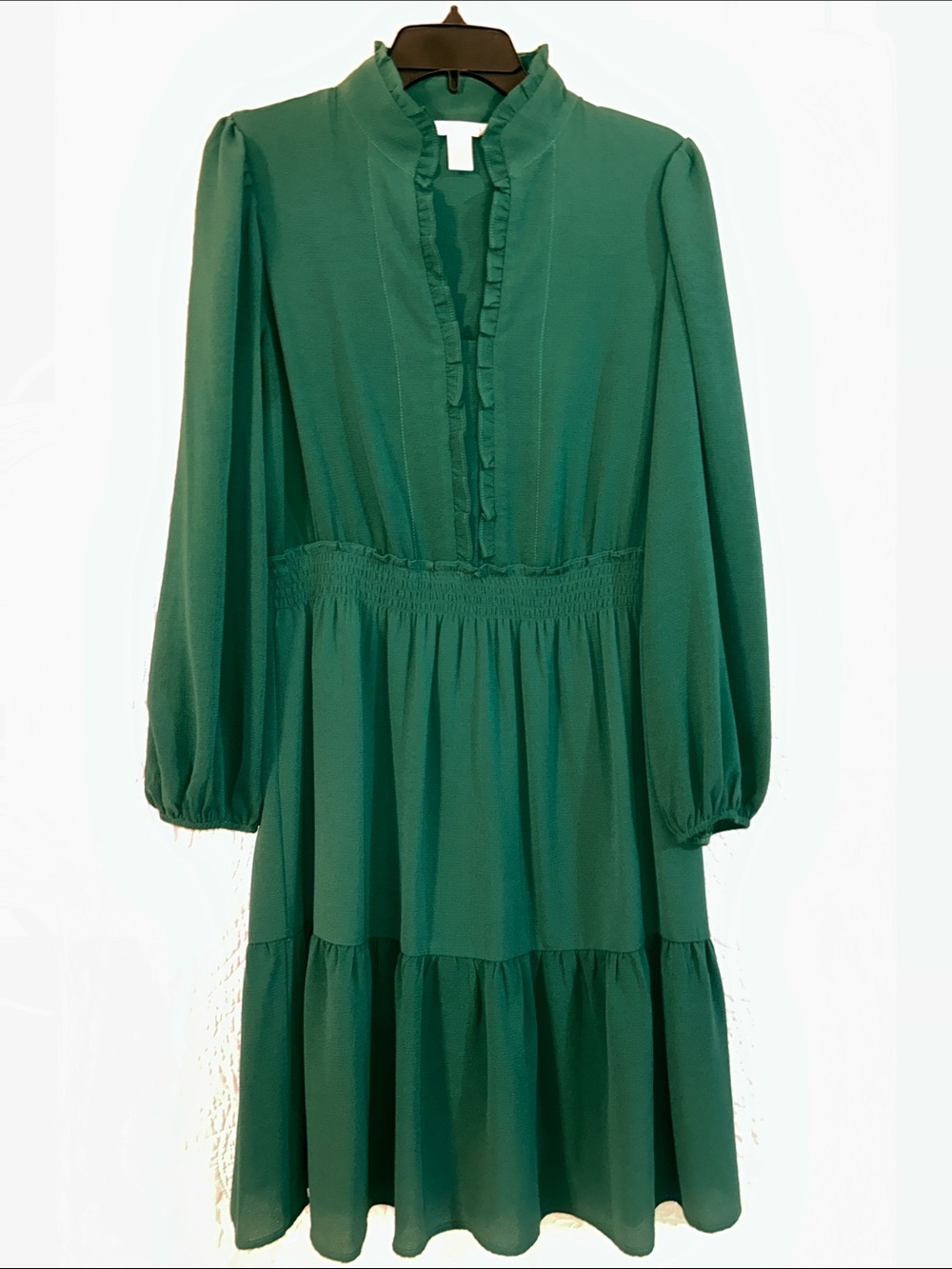 London Times Emerald Green Long Sleeve Tiered Ruffle Dress